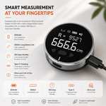 Compact electronic measuring ruler next to its included USB-C charging cable on a clean white background