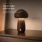 Mushroom-shaped lamp with one-touch control on a wooden surface
