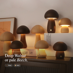 Close-up of a hand tapping the touch sensor base of a wooden mushroom night light