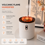 USB-powered volcanic flame diffuser creating cozy bedroom ambiance with essential oil aromatherapy on a nightstand