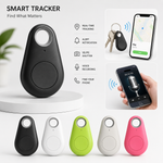 Water drop Bluetooth tracker tags displayed in five colors — black, white, pink, blue, and green on a clean white background
